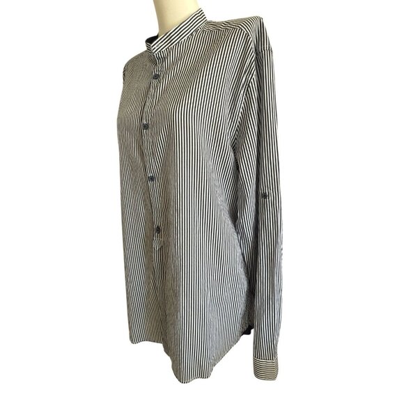 H&M Blue White Striped Long Roll Tab Sleeve Button Up Tunic Women's Sz L - Picture 2 of 12